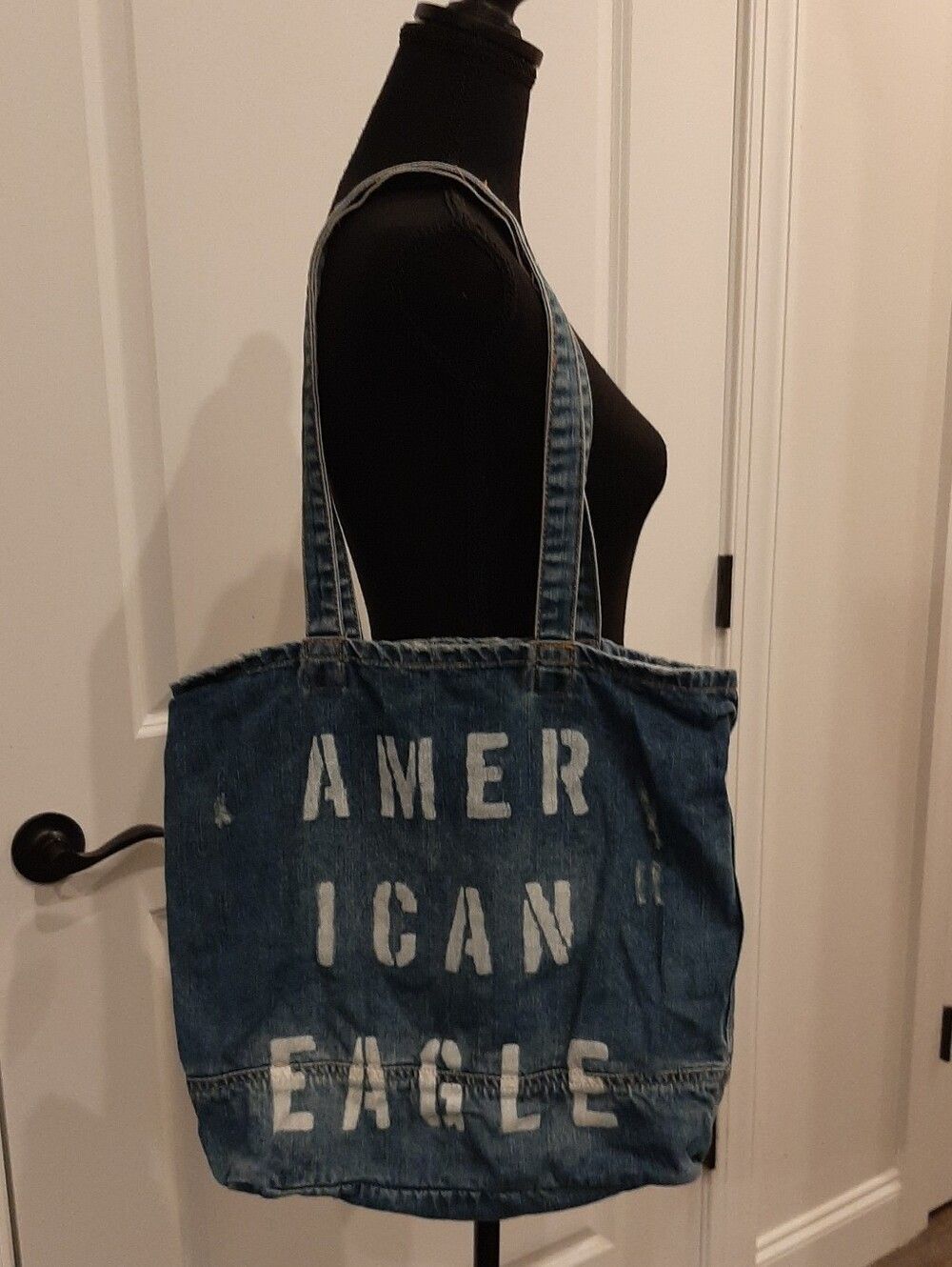 American Eagle Distressed Denim Tote Bag Large Shoulder Shopper Blue Jean Canvas